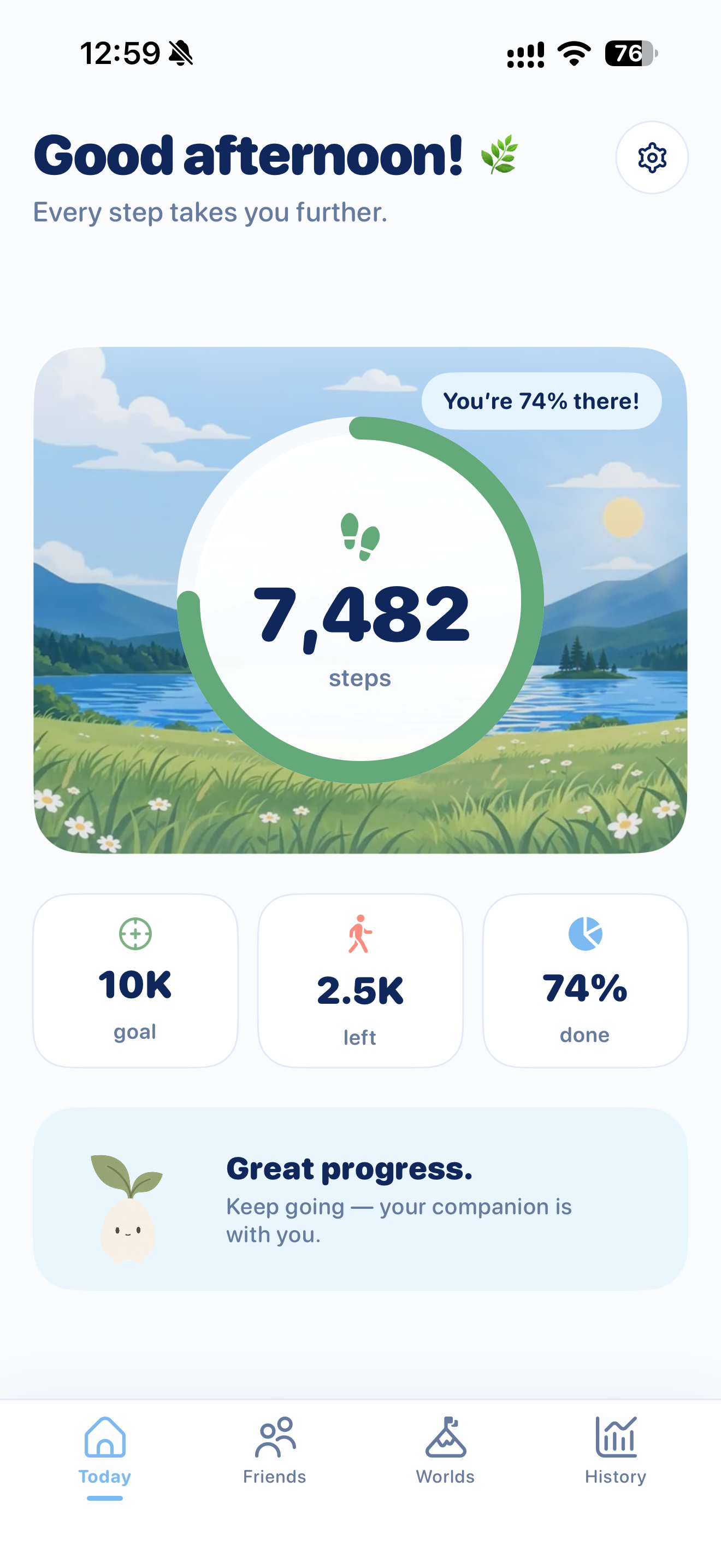 StepIsland Today screen showing the illustrated world and daily walking progress