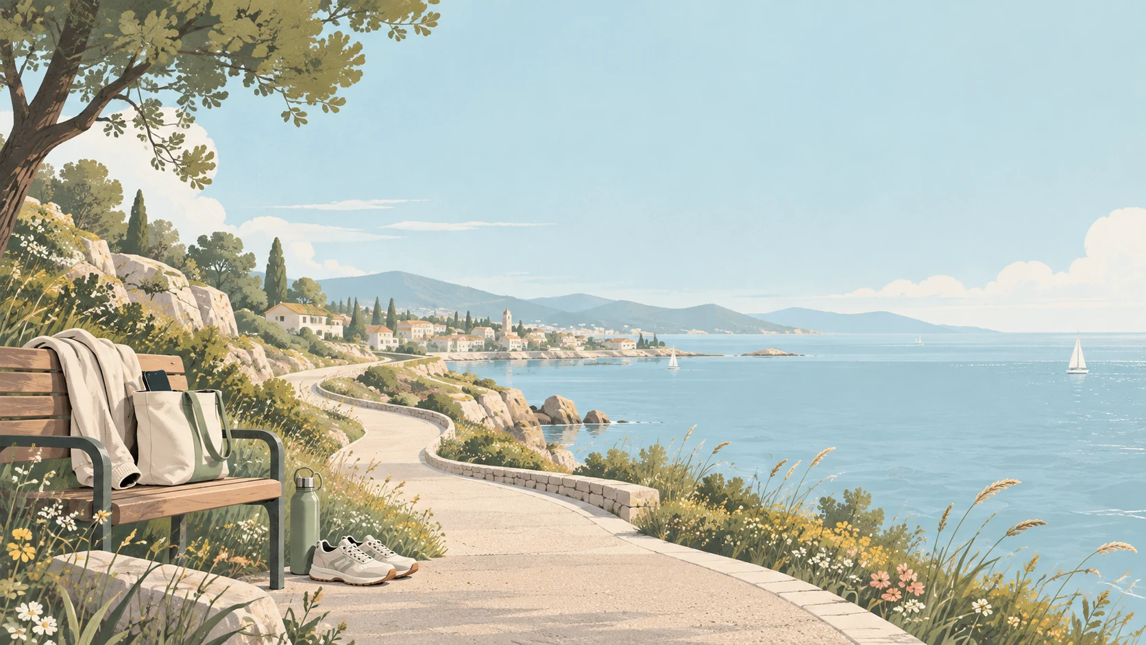 Illustrated Mediterranean coastal path at the end of the day